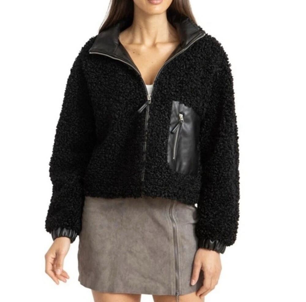 Blank NYC Faux Shearling Sherpa with Faux Leather Trim Bomber Jacket Sz M Black